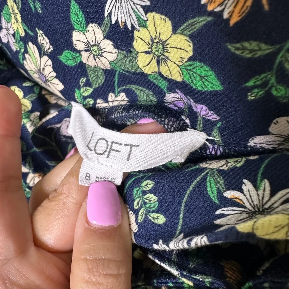 LOFT Floral Linen Blend Paperbag‎ Shorts Womens 8 Navy Blue Excellent Belted